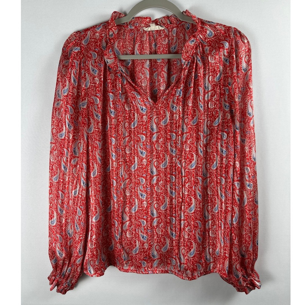 Y'coo Paris Blouse S Red Blue Paisley Metallic Ruffle V-Neck Boho Chic Peasant